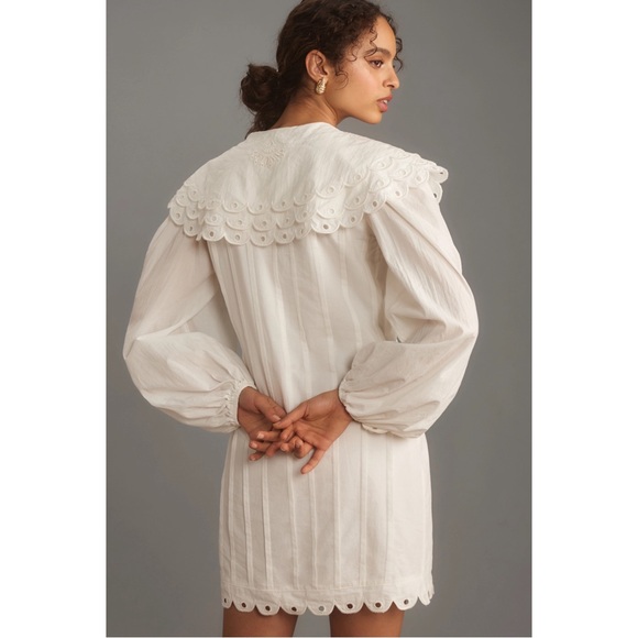 FARM RIO ANTHRO NWT White Embroidered Peter Pan Collared Long Sleeve Mini Dress - Picture 3 of 17
